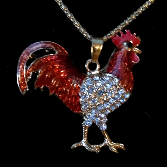 New Jewelry - White Crystal and Red Enamel Rooster Pendant Necklace